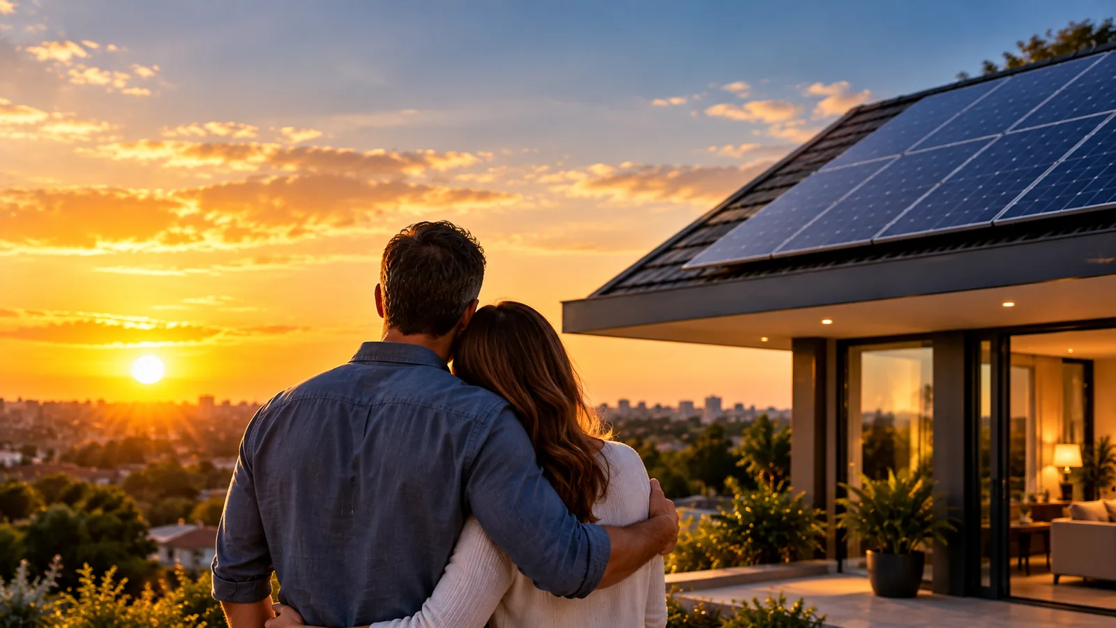 Casal admirando o pôr do sol em casa com energia solar da Harpia