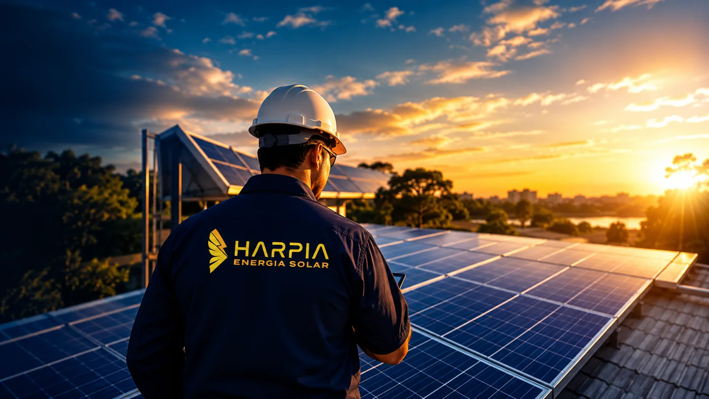 Técnico da Harpia Energia Solar em instalação fotovoltaica ao entardecer