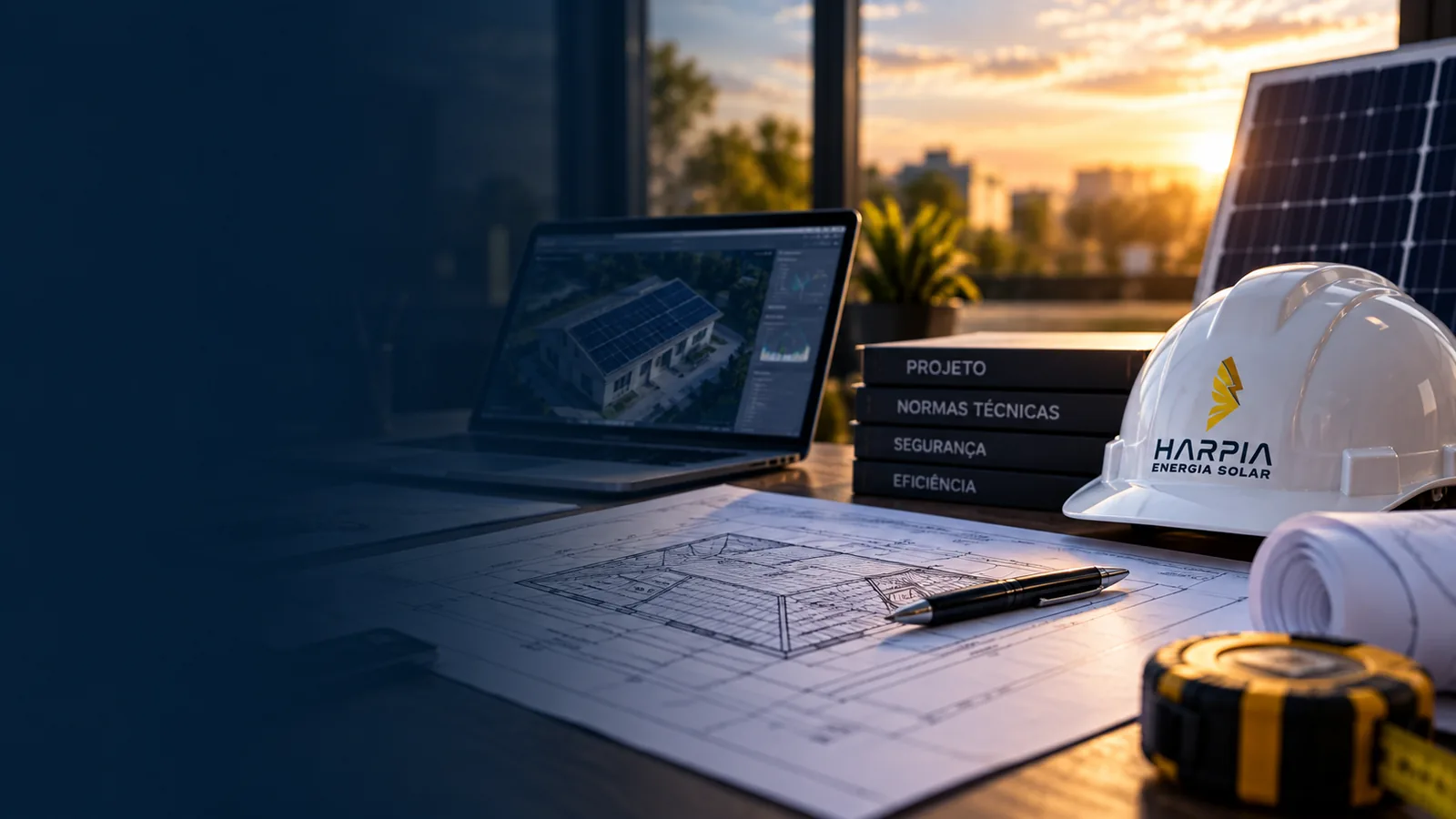 Projeto solar em software de engenharia, plantas técnicas, livros de normas e capacete Harpia